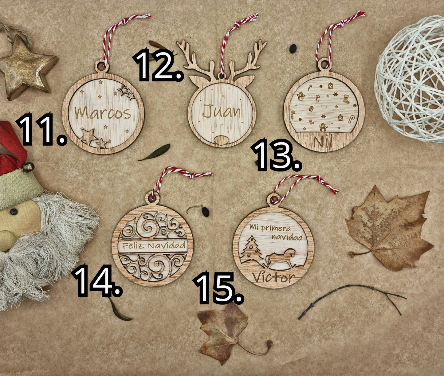 Bolas Navideñas de Madera Personalizables - Elige entre 15 Estilos